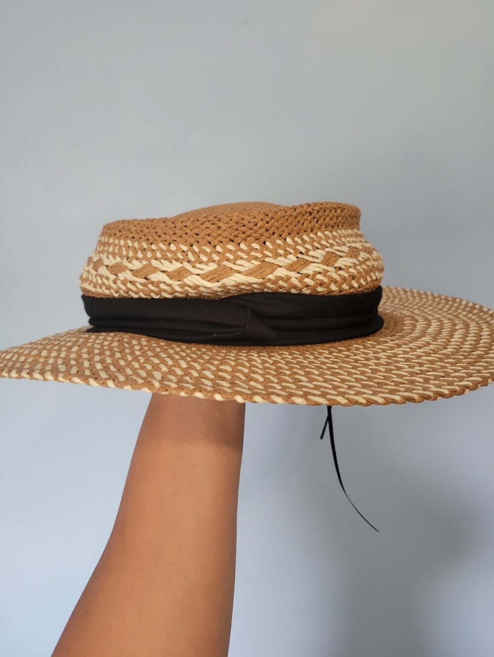 by Anthropologie Woven Straw Sun Hat with Black Band and White Accents - Picture 3 of 14